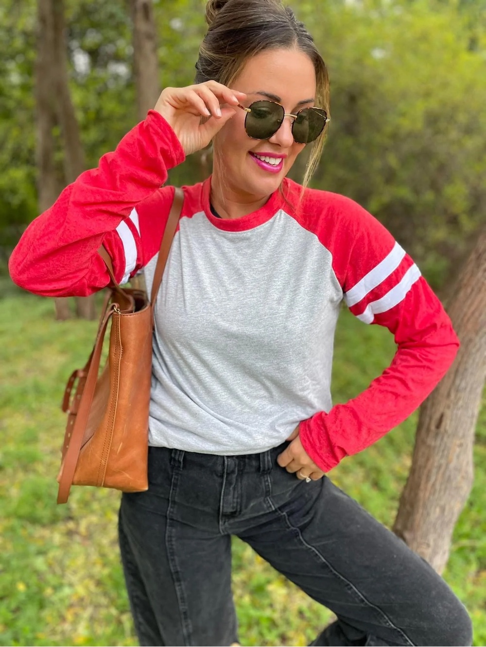 Women’s Varsity Style Red & Gray Raglan Long Sleeve Top